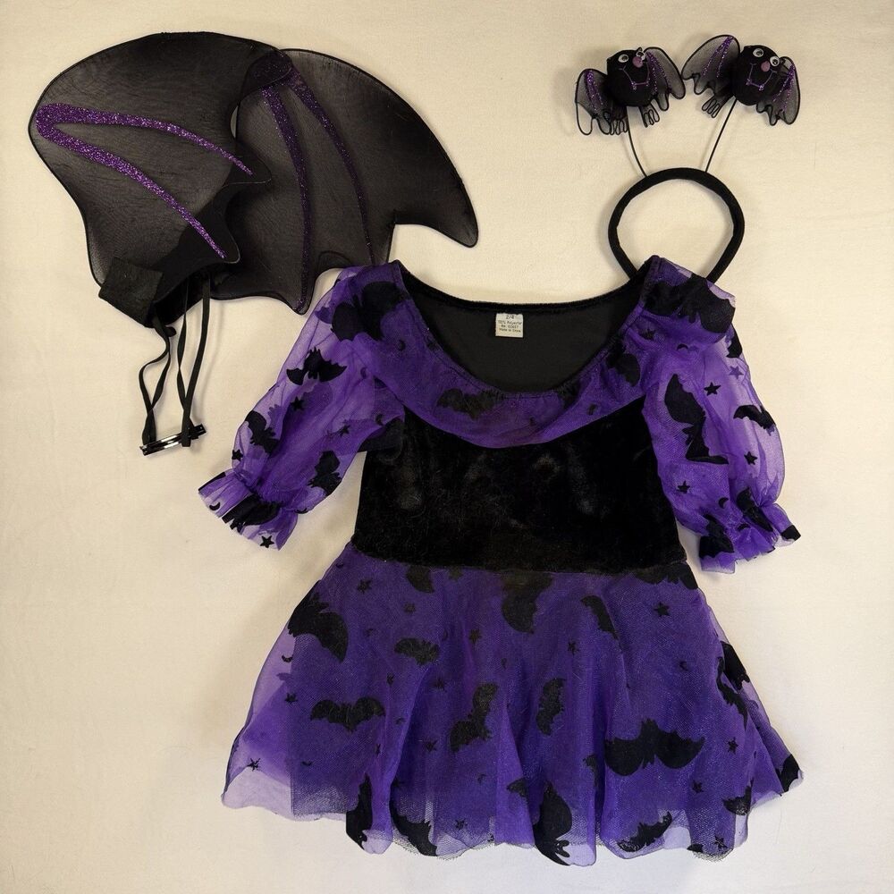 Purple/Black Glitter Witch/Bat Costume Child Size 2-4, dress, headband and wings